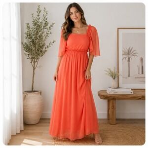 Wray NYC Tulle Maxi Dress Womens S Coral Orange Romantic Mesh Flutter Sleeve